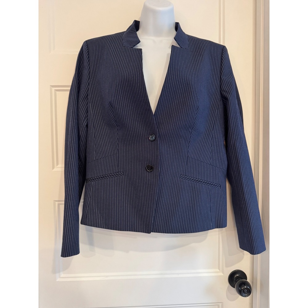 NWT Hugo Boss Alucca Blazer Womens 14 Open Blue Pinstripe Stand Collar - Picture 2 of 12